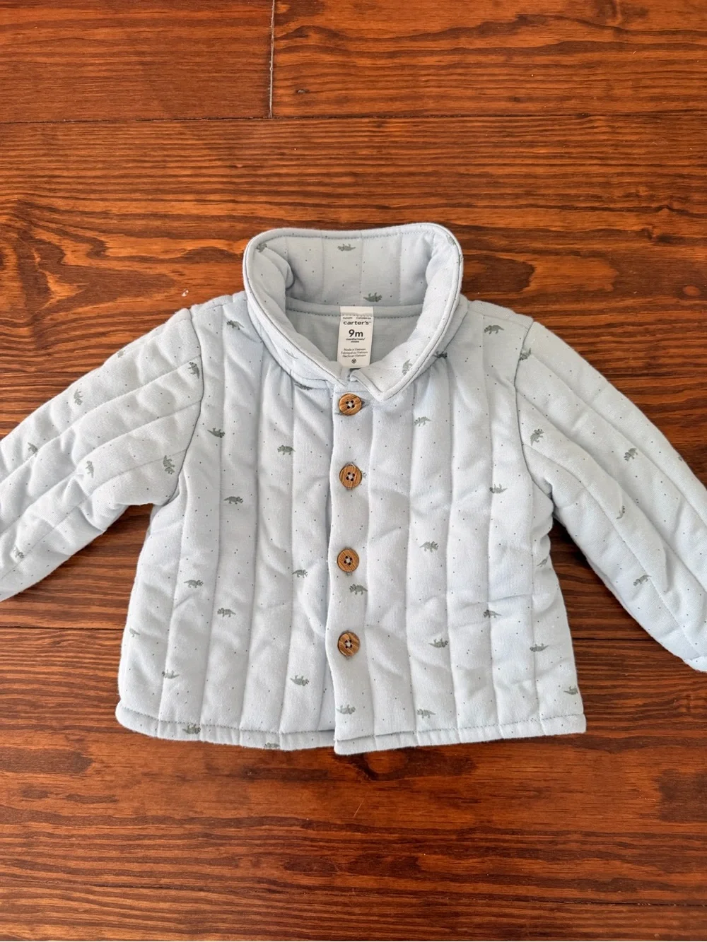 Carter's Light Blue Quilted Button Front Jacket with Tiny Green Dino Print